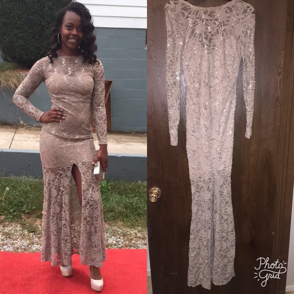 Long Sleeve Taupe Lace & Sequin Dress with Slit